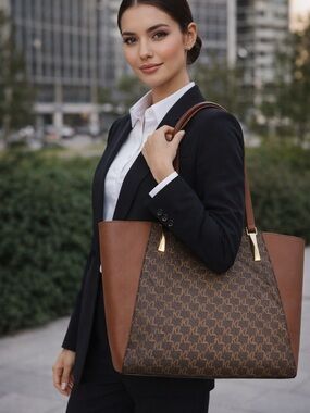 Karl Lagerfeld Paris Tote Bag + Matching Wristlet Set Brown Monogram work bag